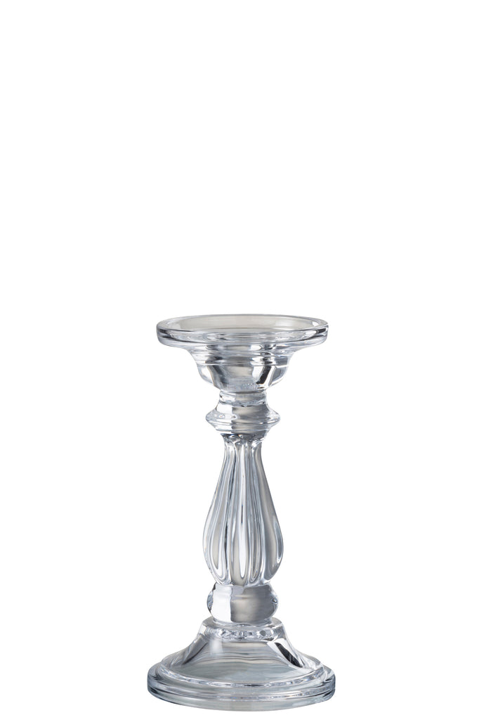 Porte-bougie Tibo en verre transparent, format petit de 20 cm, parfait pour sublimer les espaces avec des bougies longues.