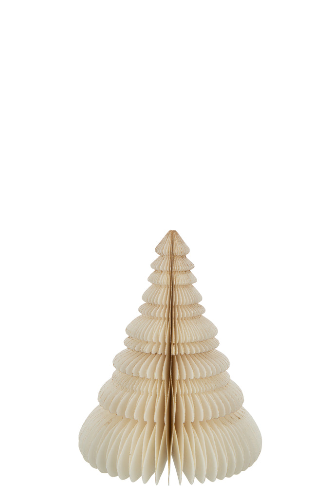 Vue d'ensemble du sapin de Noël pliable en papier blanc crème, moyen modèle, apportant une touche élégante et écologique à la décoration intérieure